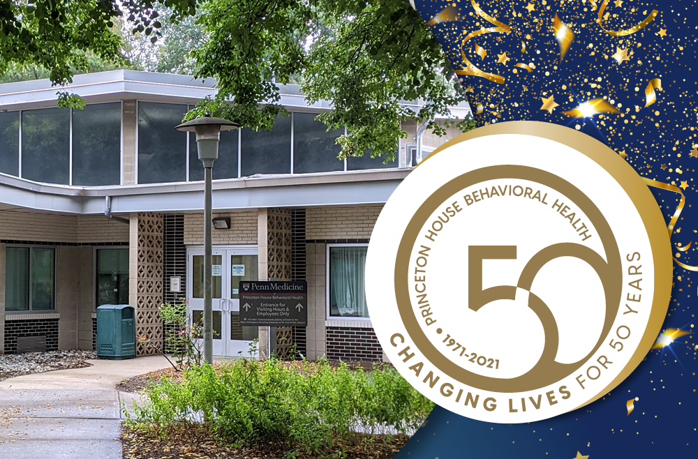 Image of Princeton House Behavioral Health building with 50th Anniversary badge and gold confetti
